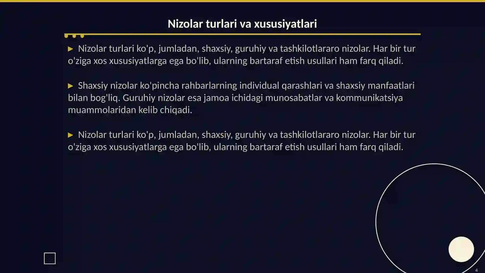 Boshqaruv psixologiyasida rahbar hodimlar oʻrtasidagi nizoli vaziyatlarni bartaraf etish klassifikatsiyasi 4