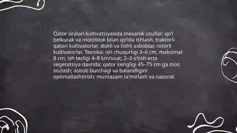 O'SIMLIK QATOR ORALARIDAGI BEGONA O'TLARNI YO'QOTISHDA MEXANIKAVIY VA KIMYOVIY USULLARNING BIRGALIKDA QO'LLASH 4