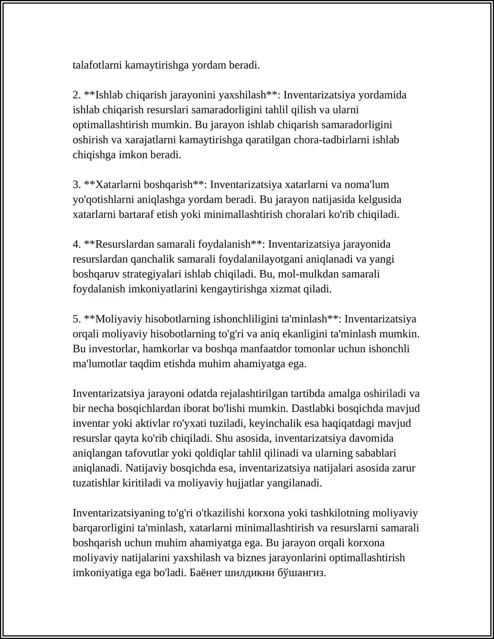 KORXONA VA TASHKILOTLARDA INVENTARIZATSIYANI TASHKIL ETISH, OʻTKAZISH VA NATIJALARI 4
