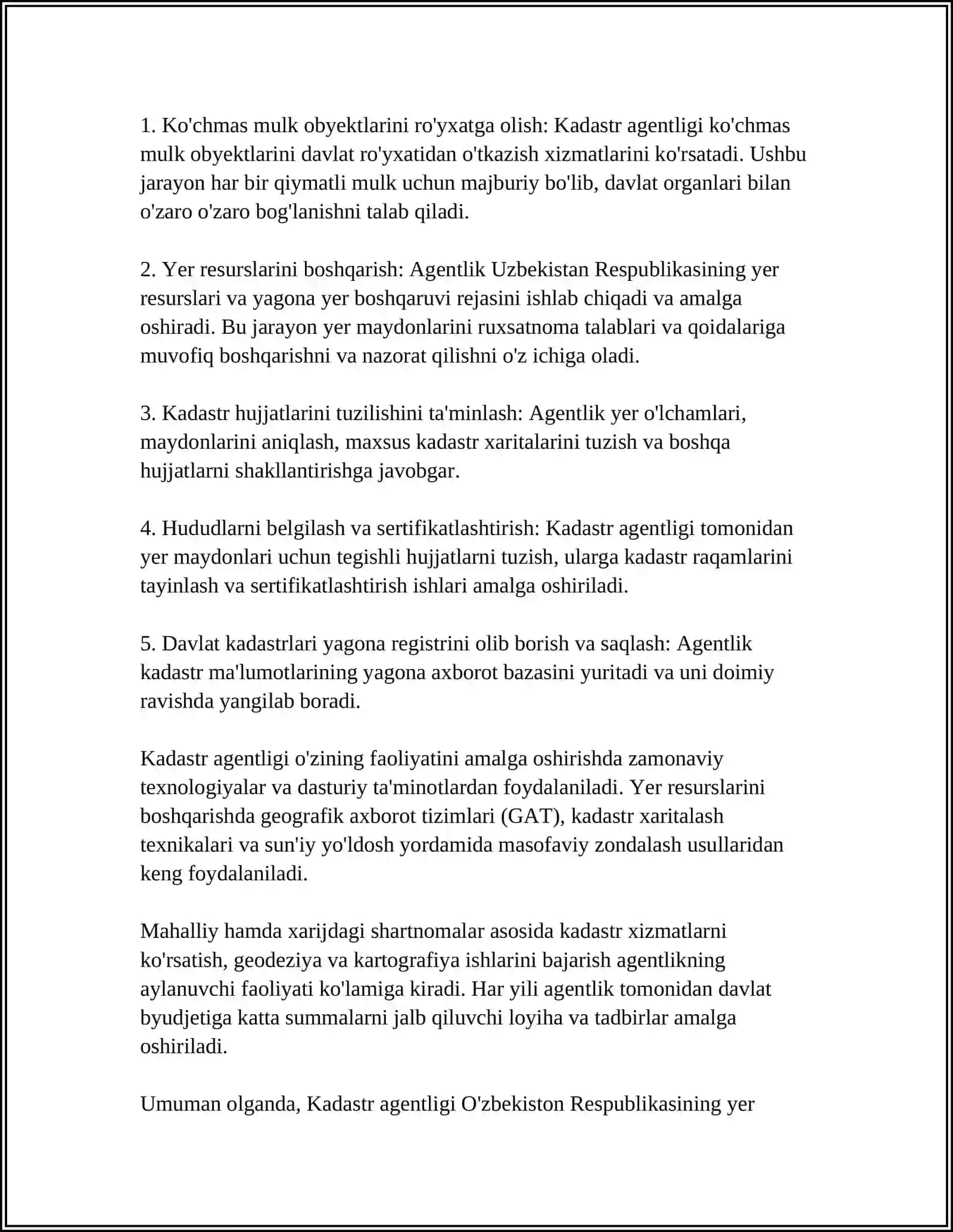 KADASTR AGENTLIK MARKAZIY APPARATINING HUQUQI VA JAVOBGARLIGI. AGENTLIK FAOLIYATINI TASHKIL ETISH 4