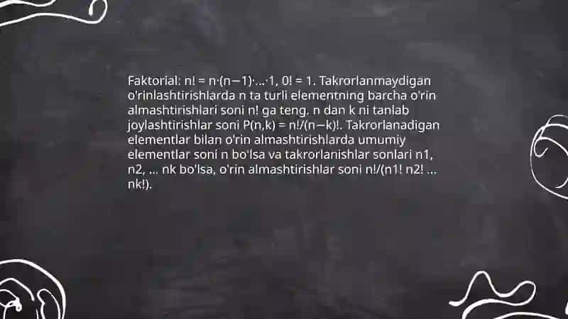 Takrorlanadigan va takrorlanmaydigan o'rinlashtirishlar va o'rin almashtirishlar 4