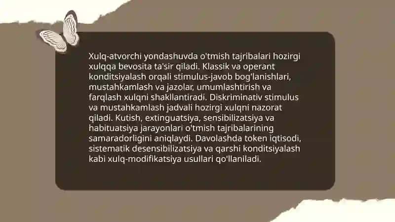 O'tmish va bugunning individual tajribasini baholash holatlari turli xil psixologik yo‘nalishlarga uning ta'siri 4