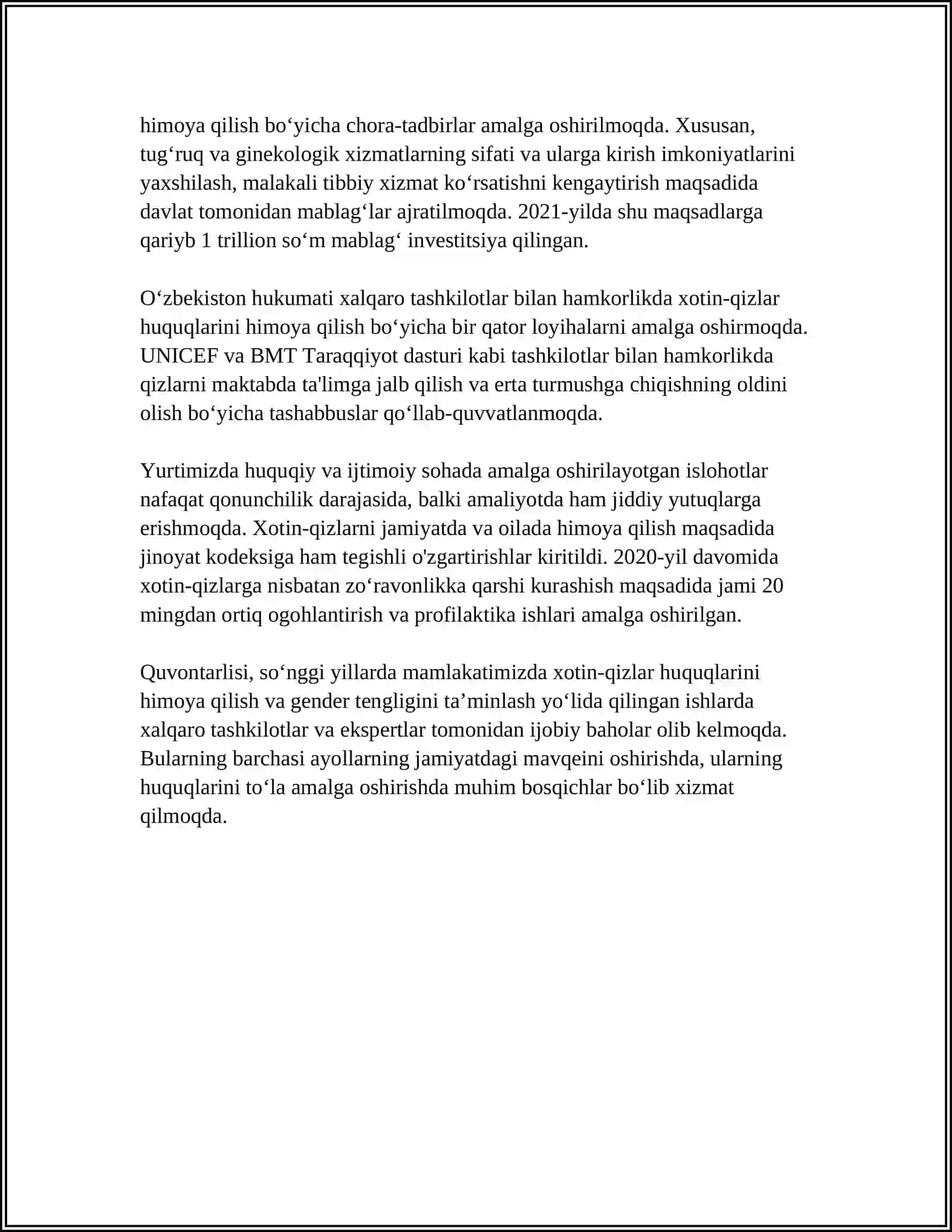 YANGI O‘ZBEKISTONDA XOTIN-QIZLARGA BO‘LGAN MUNOSABAT 4