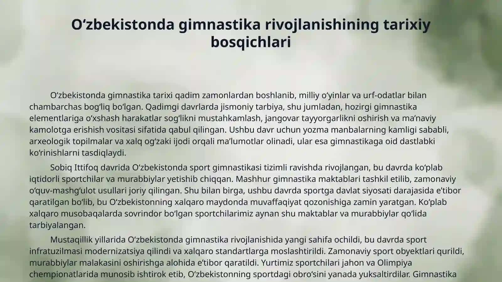 O‘zbekiston jismoniy tarbiya tizimida gimnastikaning o‘rni va ahamiyati 4
