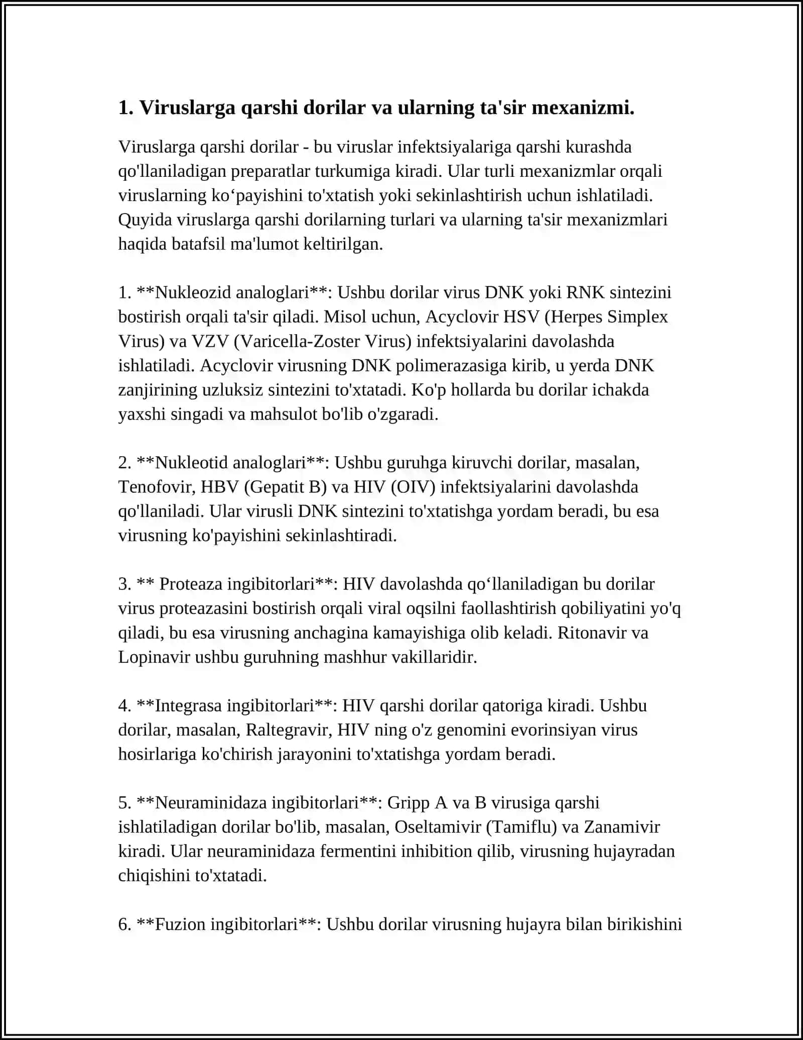 VIRUSLARGA VA O'SMALARGA QARSHI DORI VOSITALARINING TA'SIR MEXANIZMI (DNK,RNK, FERMENTLARGA NISBATAN) 4