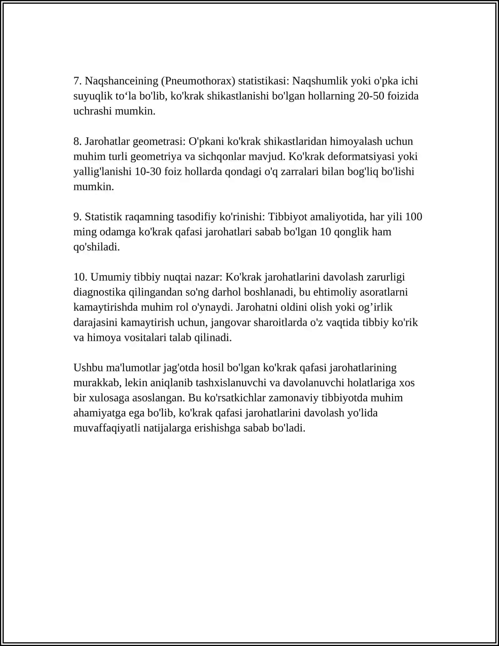 KOʻKRAK QAFASI VA QORIN A’ZOLARINI JANGOVOR SHIKASTLARI VA BOSQICHLARDA DAVOLASH CHANOQ VA CHANOQ A’ZOLARINI JANGOVOR SHIKASTLARI KOʻKRAK QAFASI QORIN SOXASI JANGOVOR SHIKASTLARI BIRLAMCHI TIBBIY YORDAM UASH ROLI VA AHAMIYATI 4