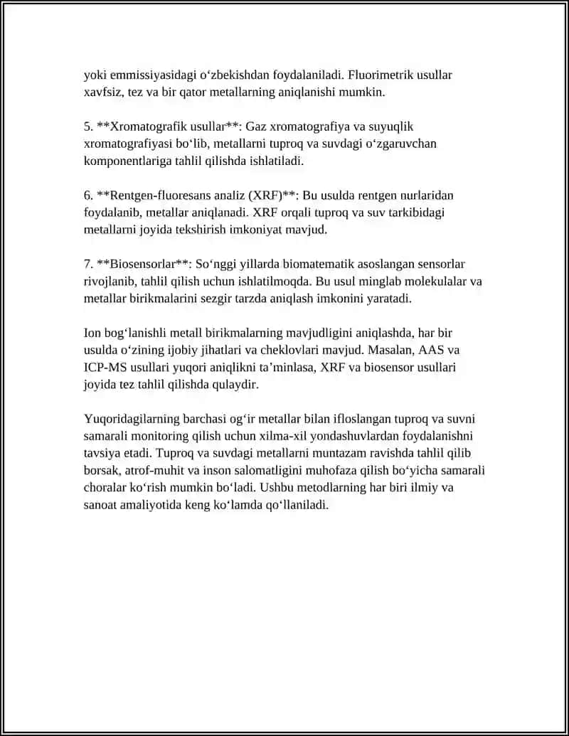 Tuproq va suv ifloslanishida iyon bog'lanishli metall birikmalarni aniqlash usullari 4