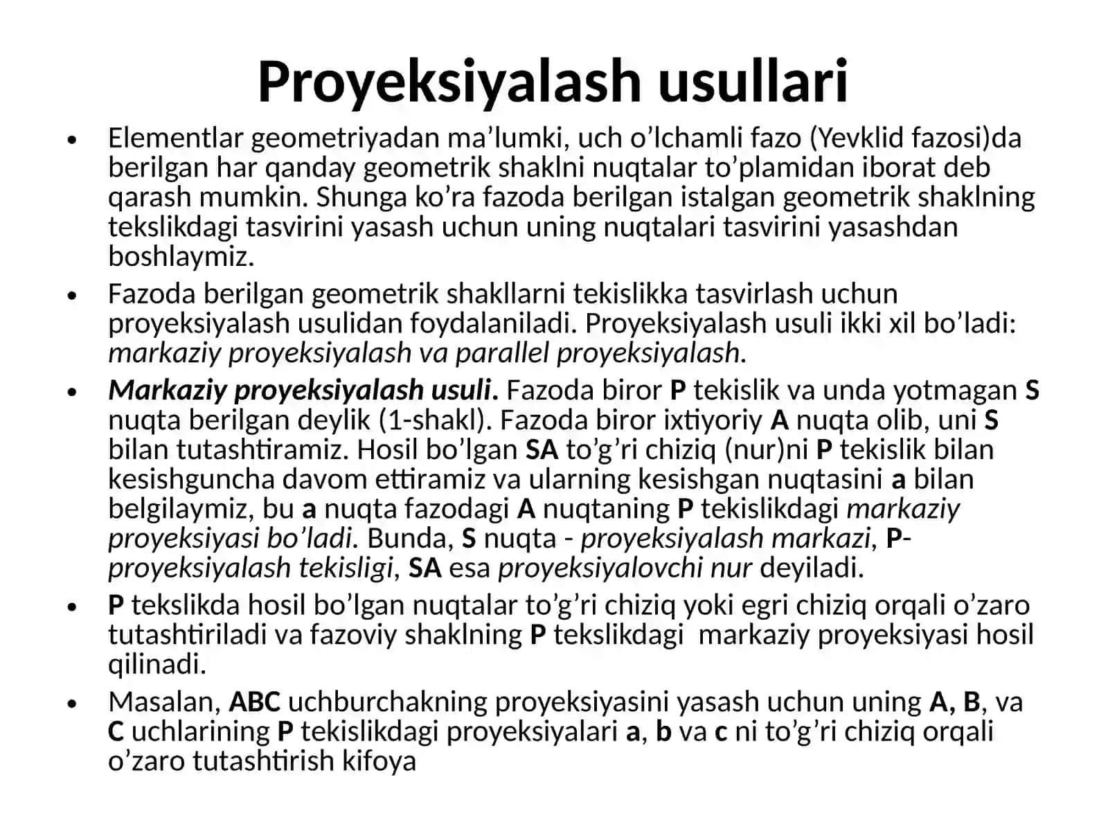 Chizma geometriya va uning vazifalari. Markaziy va parallel proyeksiyalash usullari. Parallel proyeksiyalashning asosiy xossalari. Nuqtaning fazodagi o’rnini  proyeksiyalari bo’yicha aniqlash 4