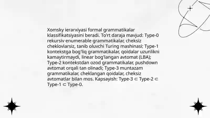 Formal grammatikalar va Xomskiy ierarxiyasi 4