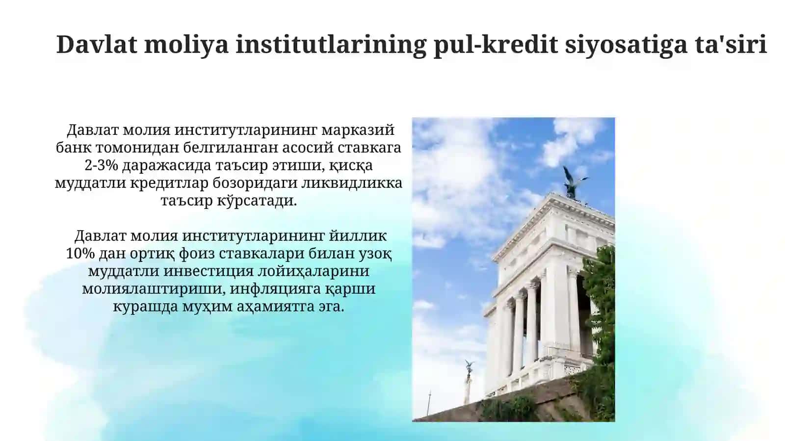 Davlat moliya institutlarining moliya bozorlaridagi faoliyati va ro'li 4