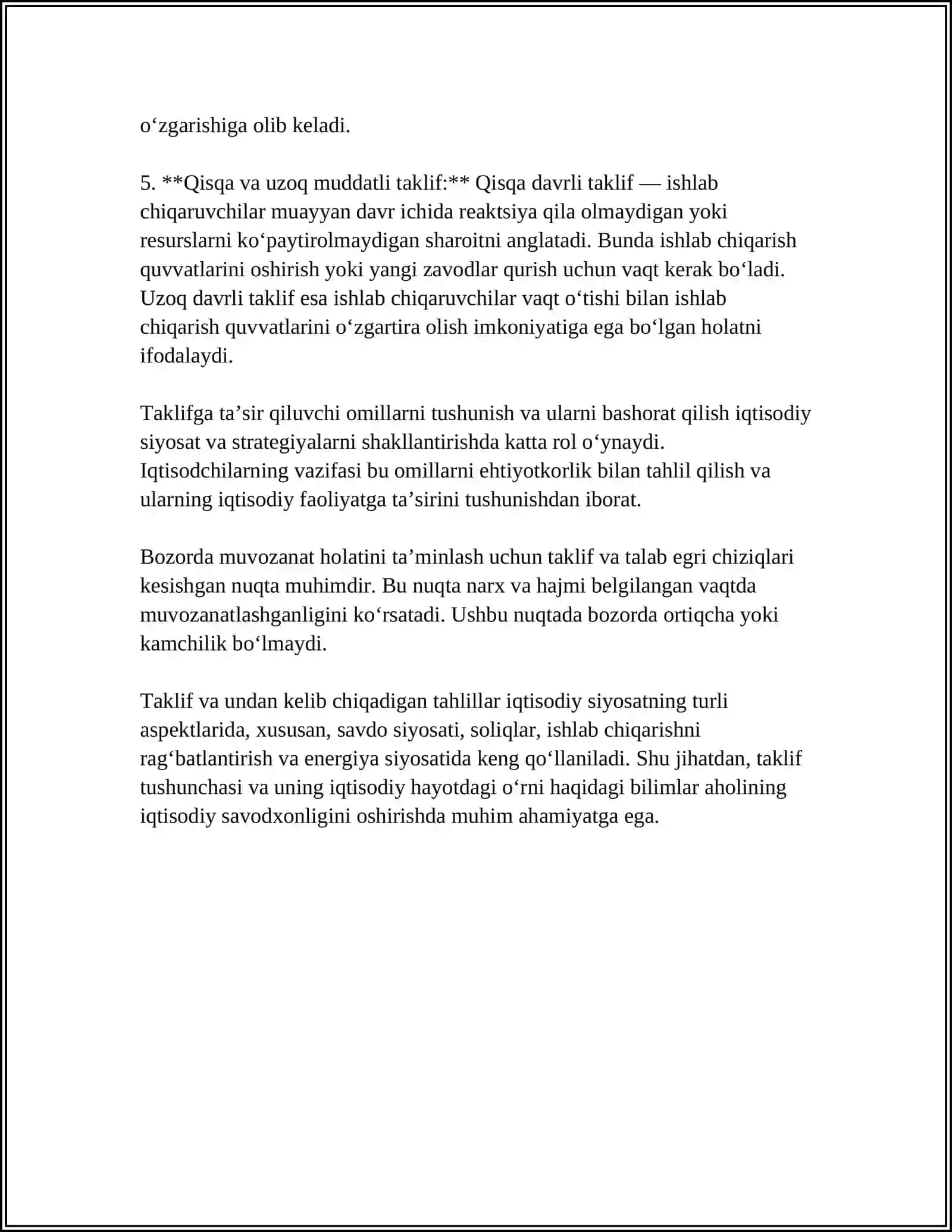 TALAB VA TAKLIF NAZARIYASI BOZOR MUVOZANATI 4