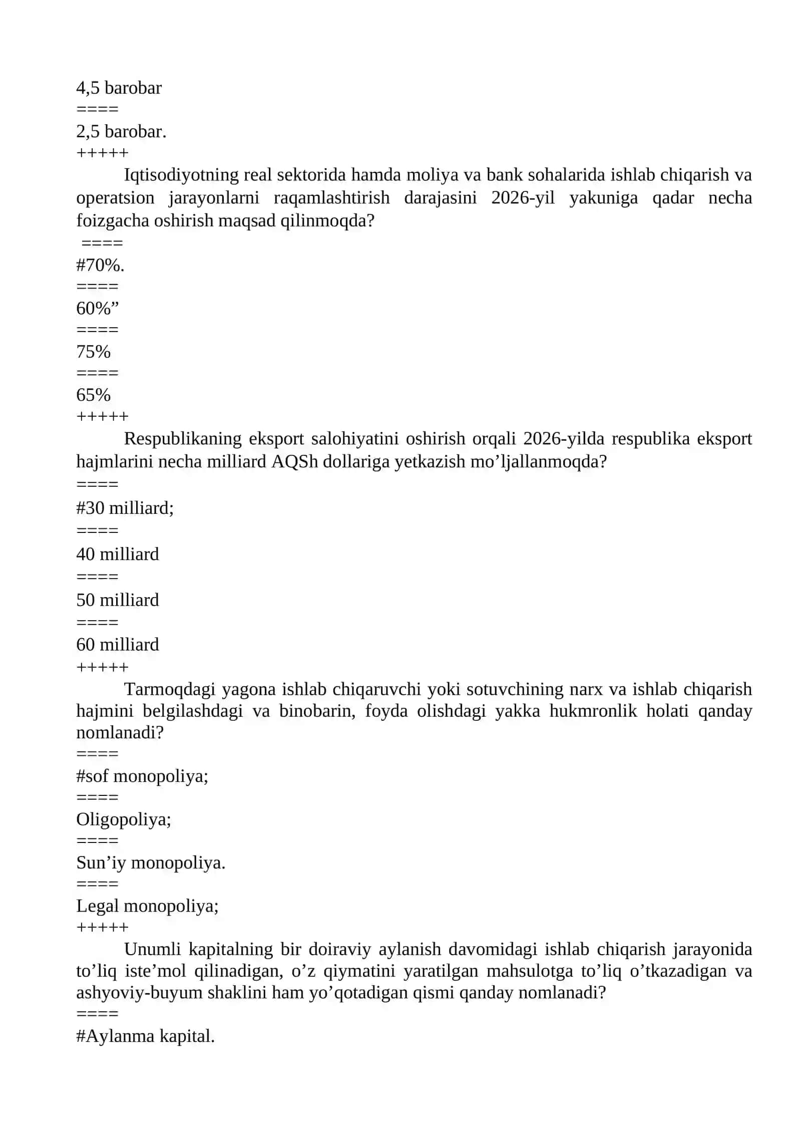 Iqtisodiy siyosat test savollari 4