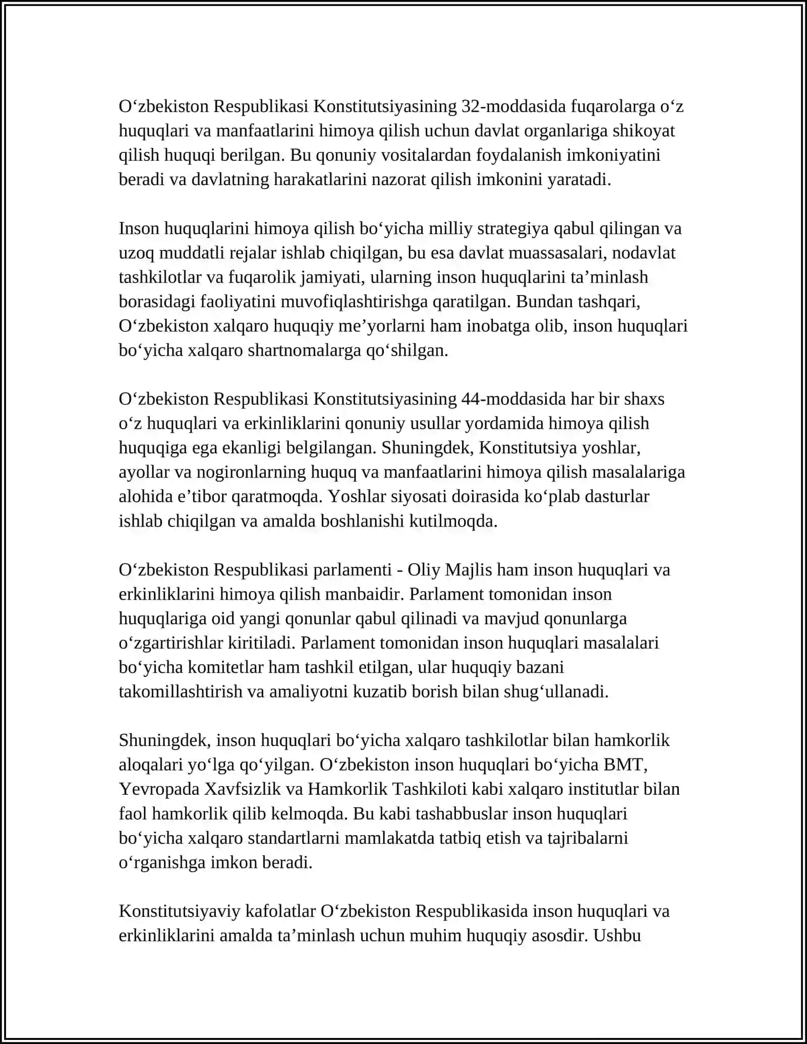 Yangi Oʻzbekistonda inson xaq-huquqlari va erkinliklari kafolatinin yaratilishi 4
