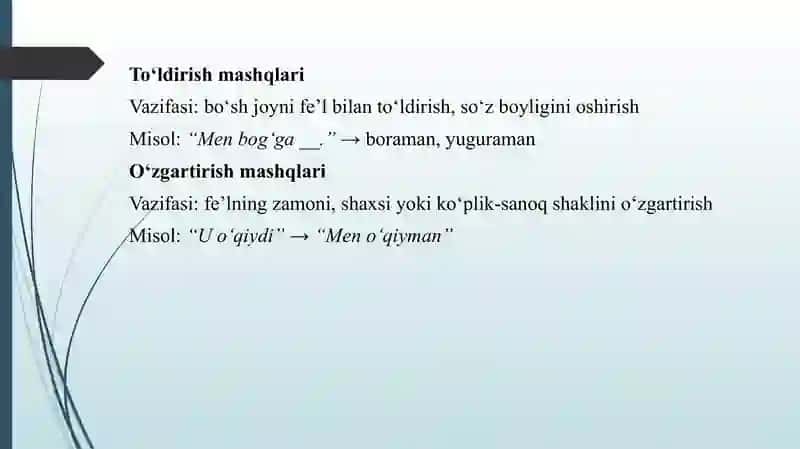 BOSHLANG'ICH SINF DARSLIKLARIDA FE'LGA OID MASHQLARNI TASNIF QILISH 4