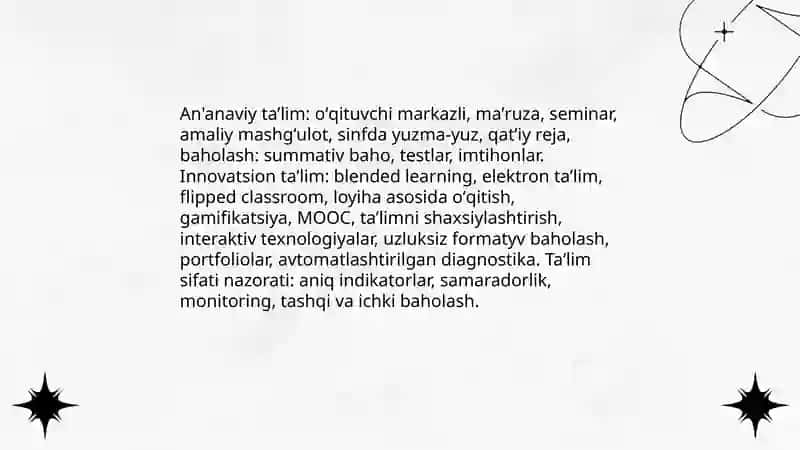 Taʼlim shakllari metodlari va vositalari klassifikatsiyalash va ta'llm sifatini nazorat qilish va uning turlari 4