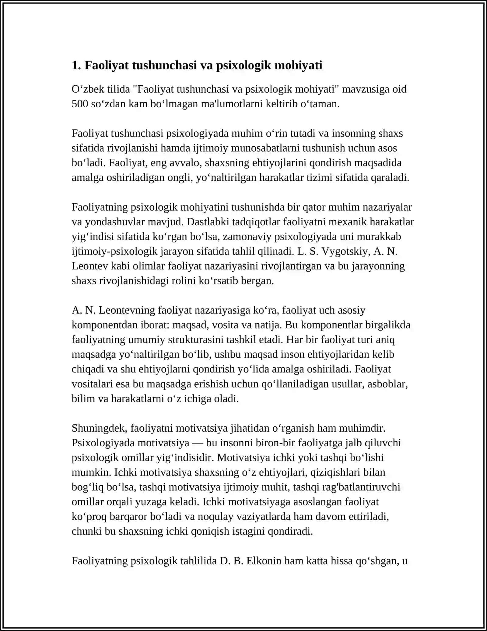FAOLIYAT. FAOLIYAT STRUKTURASI,TURLARI. EHTIYOJ VA UNING TURLARI. MOTIV VA MOTIVATSIYA TUSHUNCHALARINING MAZMUNI 4