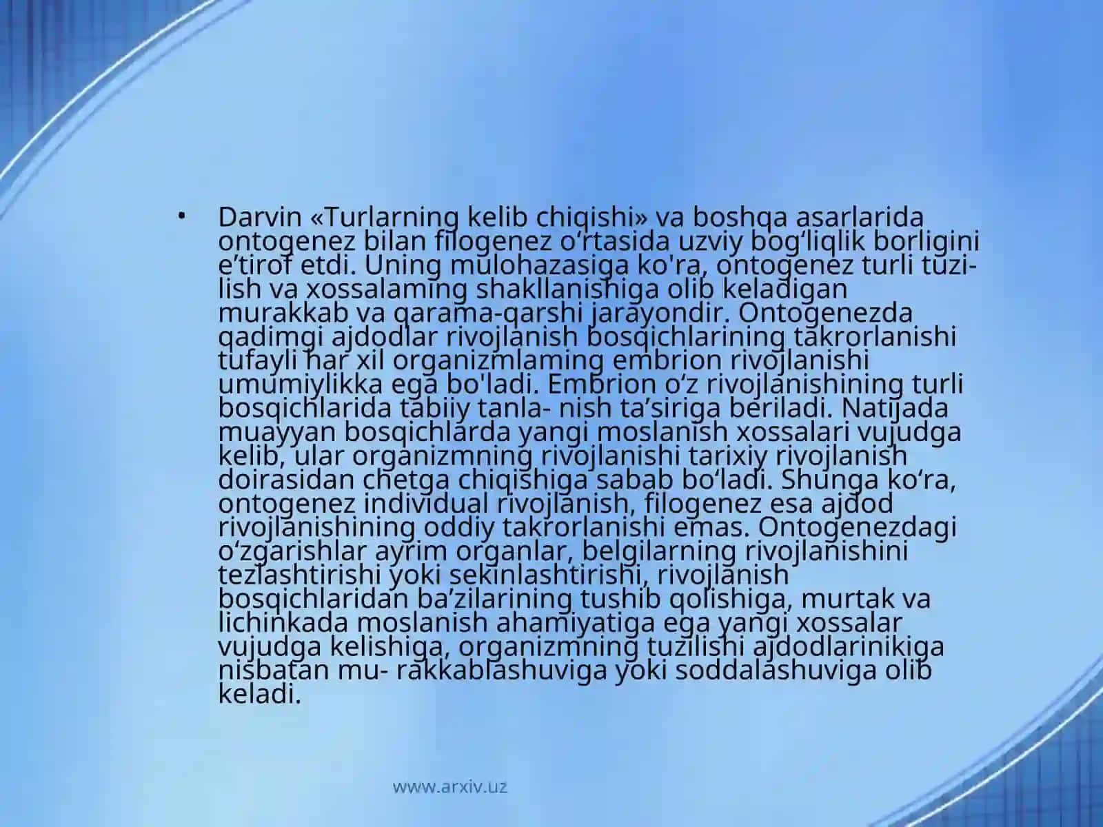 Organizmlar individual va tarixiyrivojlanishining parallelizmi haqida 4