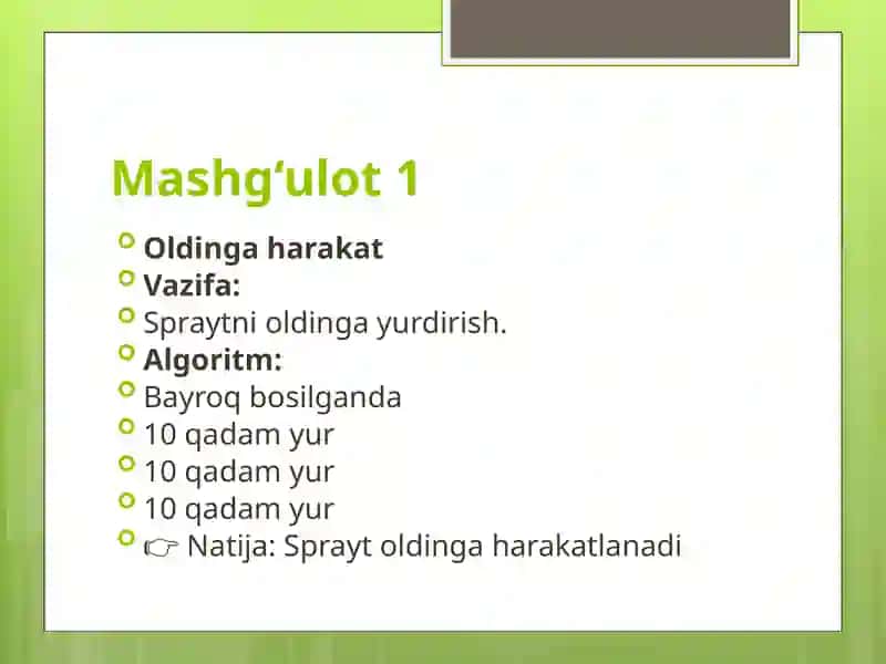 Spraytlarni o'ldinga vaturliyo‘nalishlarga haraktlantirish (Scratch) 45 daqiqa 4