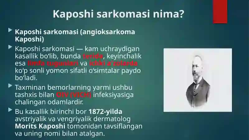 Kaposhining sarkomasi. Ekzema Kaposhi. IFA va PZR diagnostik usullarning dermatovenerologiyada qo'llanilishi 4