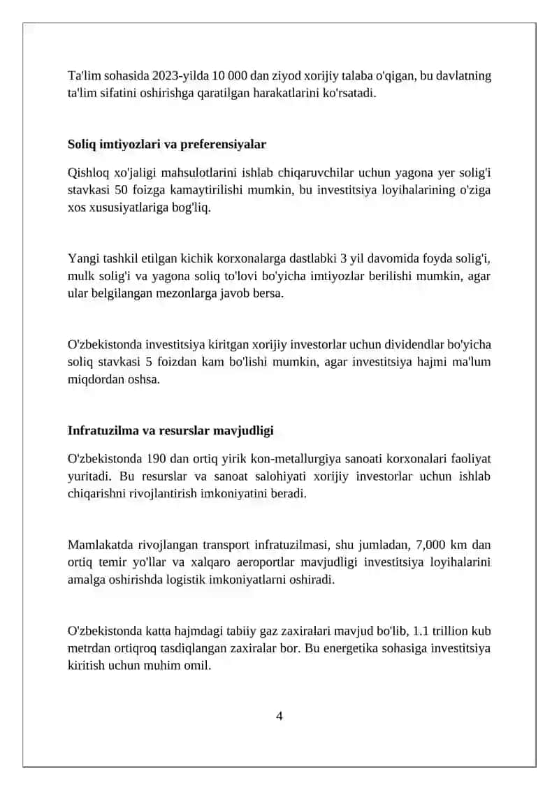 Xorijiy investorlar va investitsiyalar uchun qulay rejimi 4
