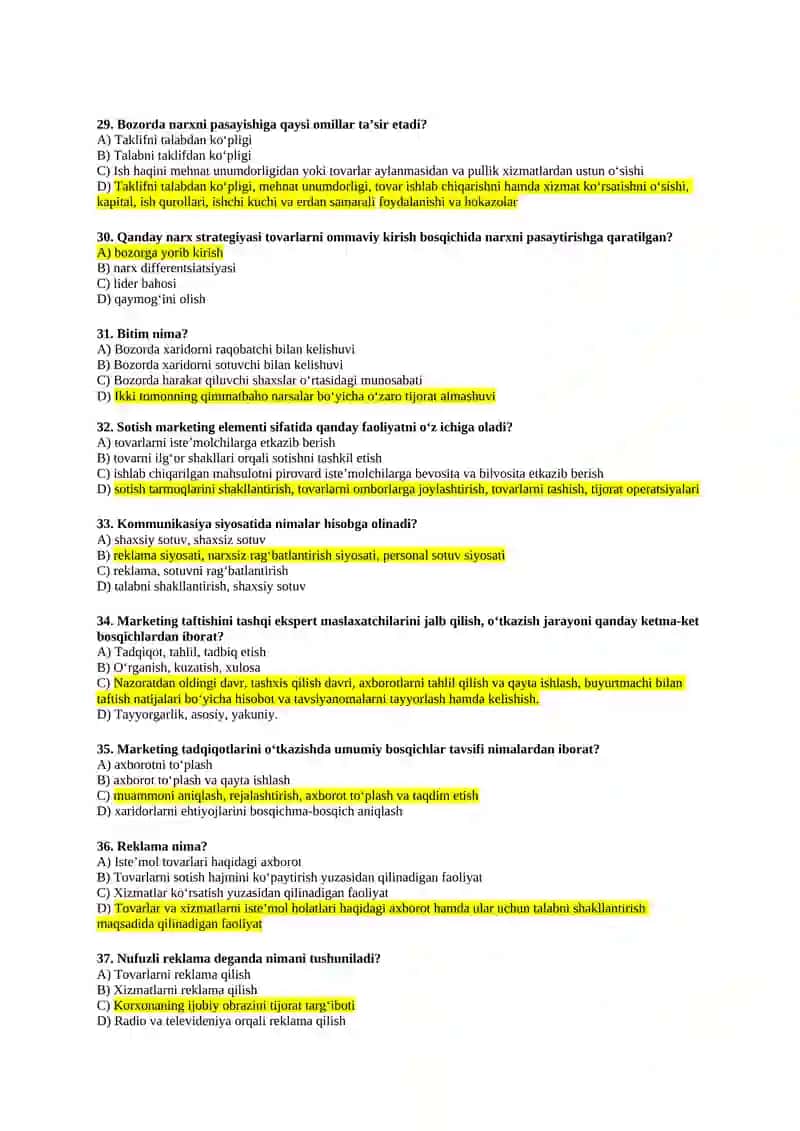 Marketing iqtisodiyot yakuniy testlar javoblari bilan 4