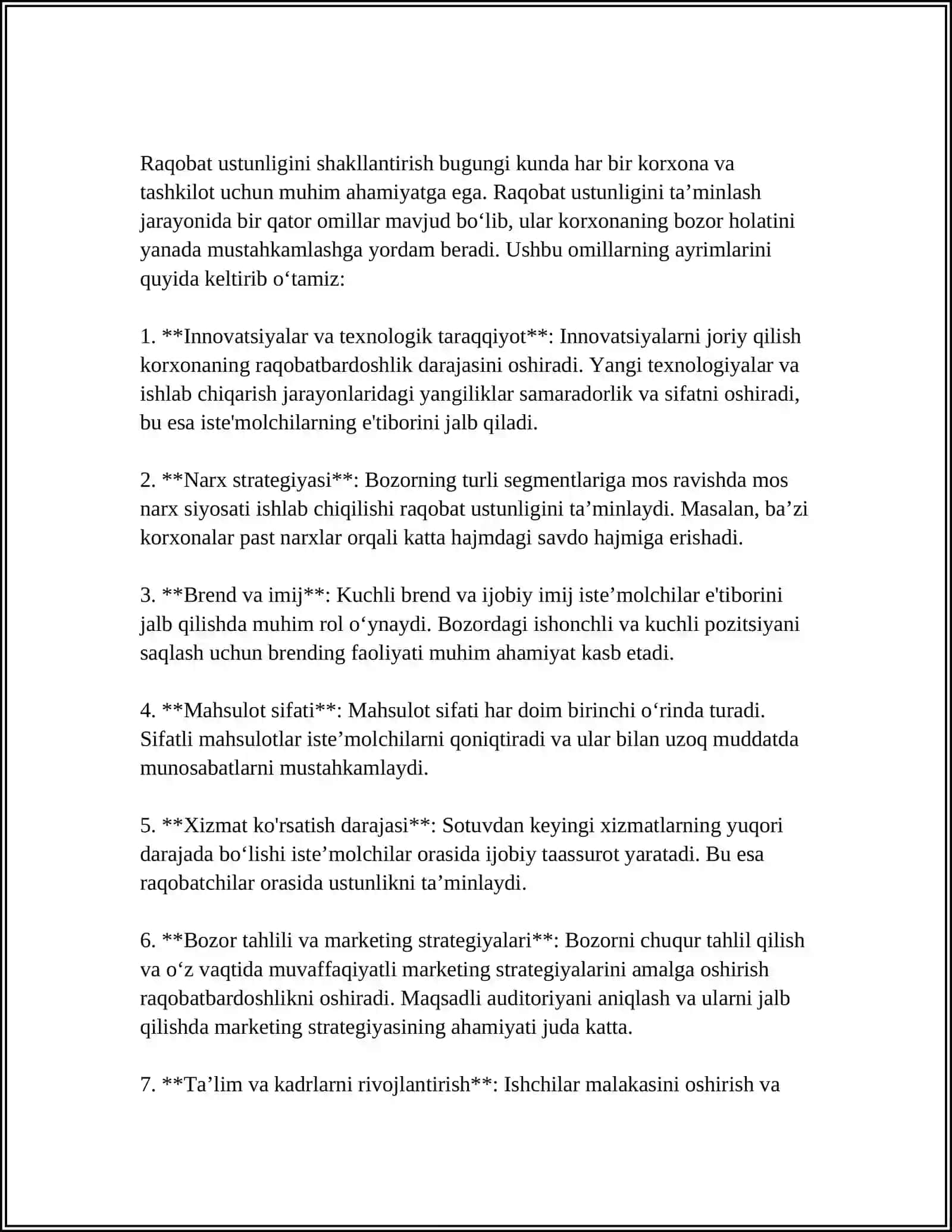 BIZNESDA RAQOBAT USTUNLIGINI TA’MINLASH BIZNESDA RAQOBATBARDOSHLIKNI BAHOLASH USLUBLLARI 4
