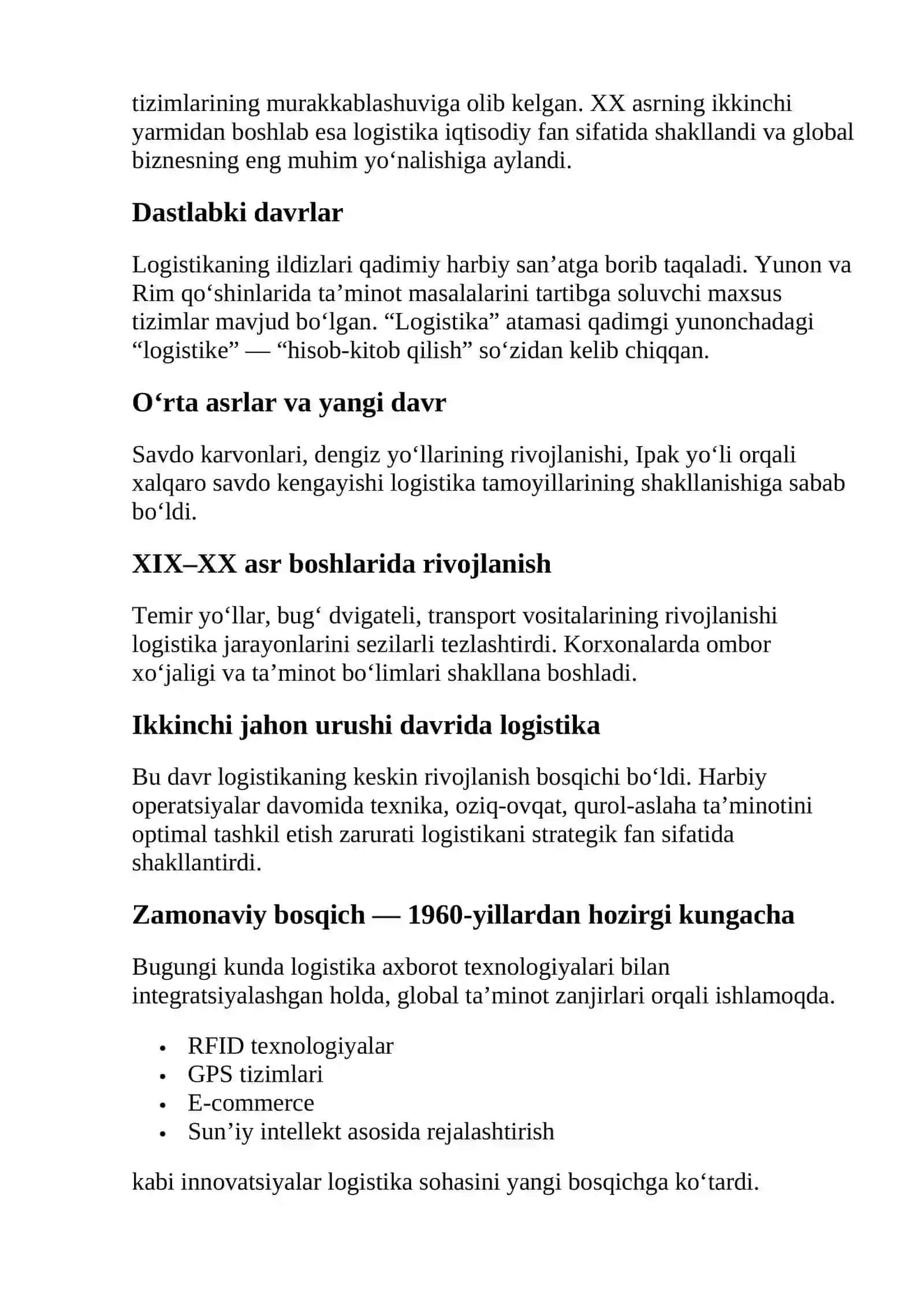 Logistikaning mazmuni, vazifalari va rivojlanish tarixi 4