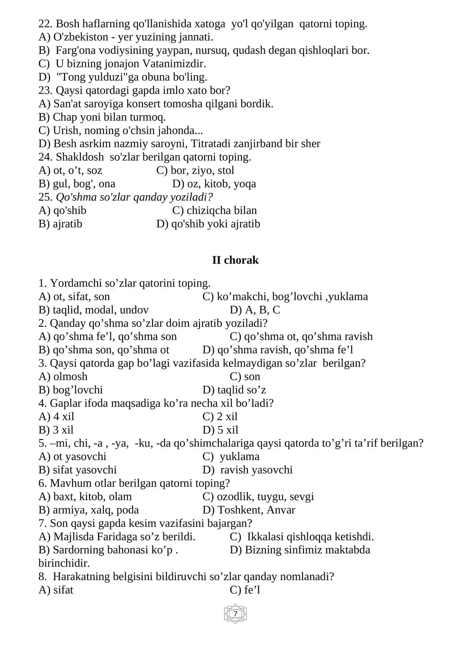 ONA TILIDAN test-sinov topshiriqlari 5-sinf uchun 4