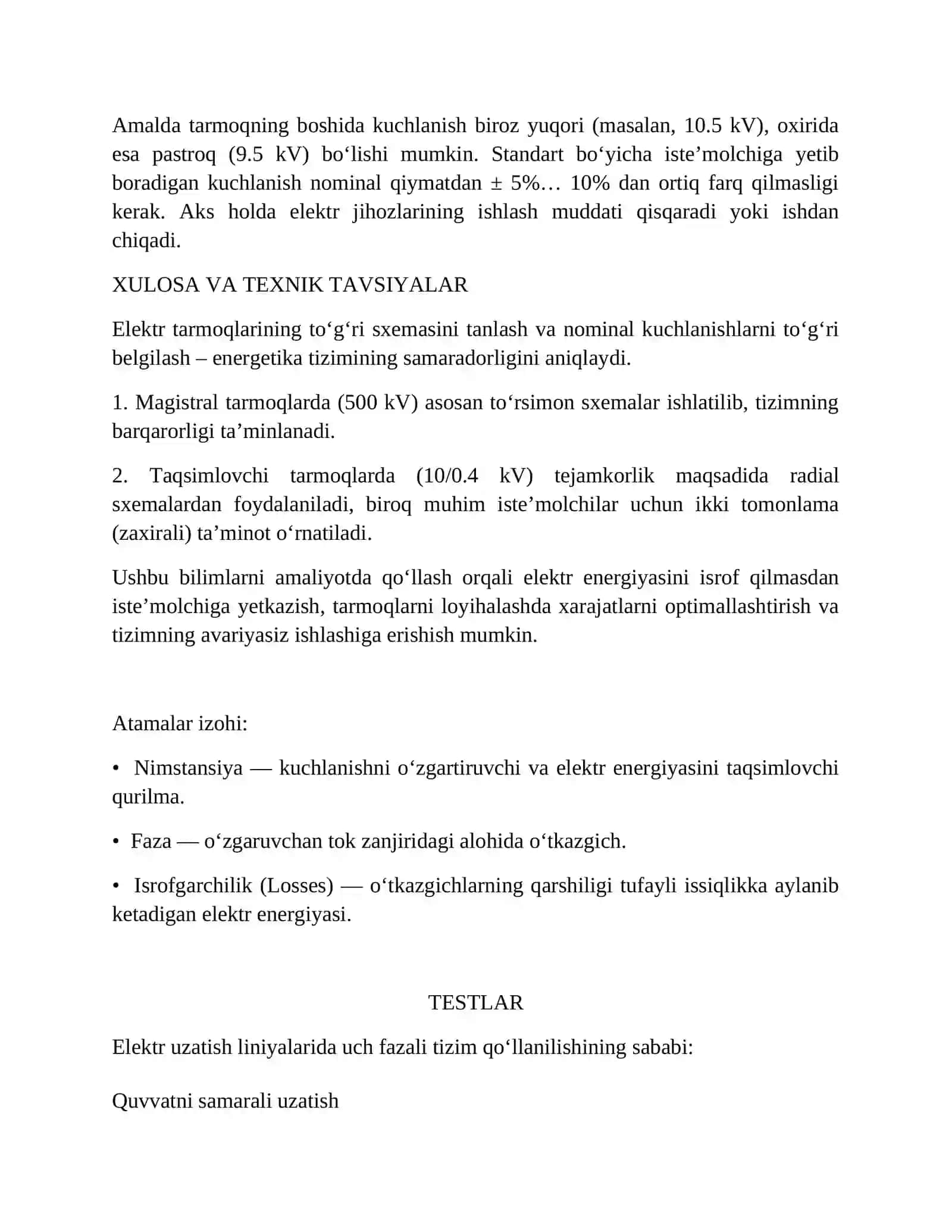 ELEKTR TARMOQLARI VA SISTEMALARINING TUZILISHI, SXEMALARI HAMDA NOMINAL KUCHLANISHLARI 4