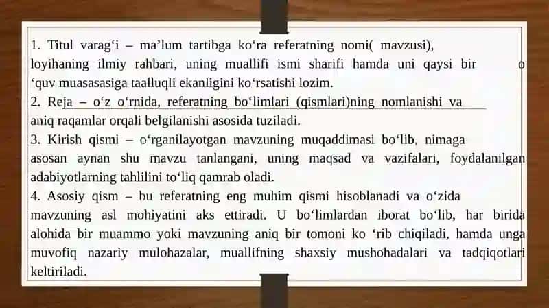 Referat matni, uning tuzilishi va ifoda materialining xususiyatlari 4