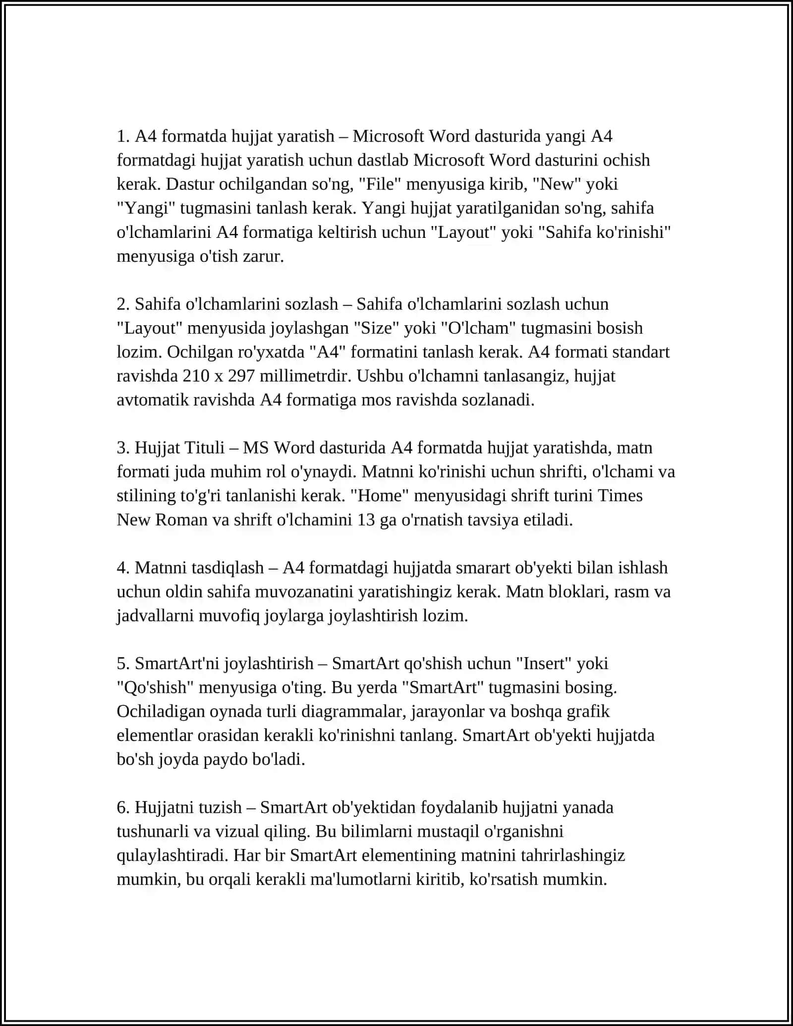 COMPUTER 1 FANIDAN MUSTAQIL TA'LIM MAVZUSI MS WORD DASTURIDA SMARTART OB'YEKTI BILAN ISHLASH 4