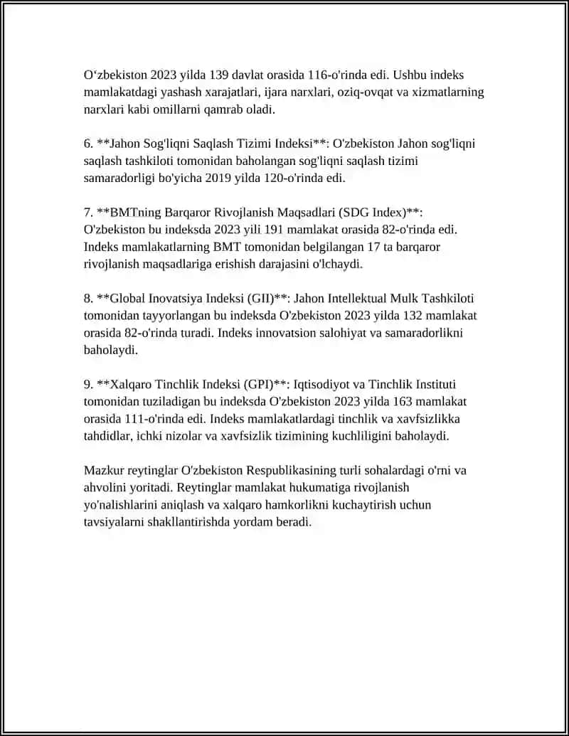 O'ZBEKISTON RESPUBLIKASINING XALQARO REYTING VA INDEKSLARDAGI O'RNI VANUFUZINI ORTIB BORISHI 4