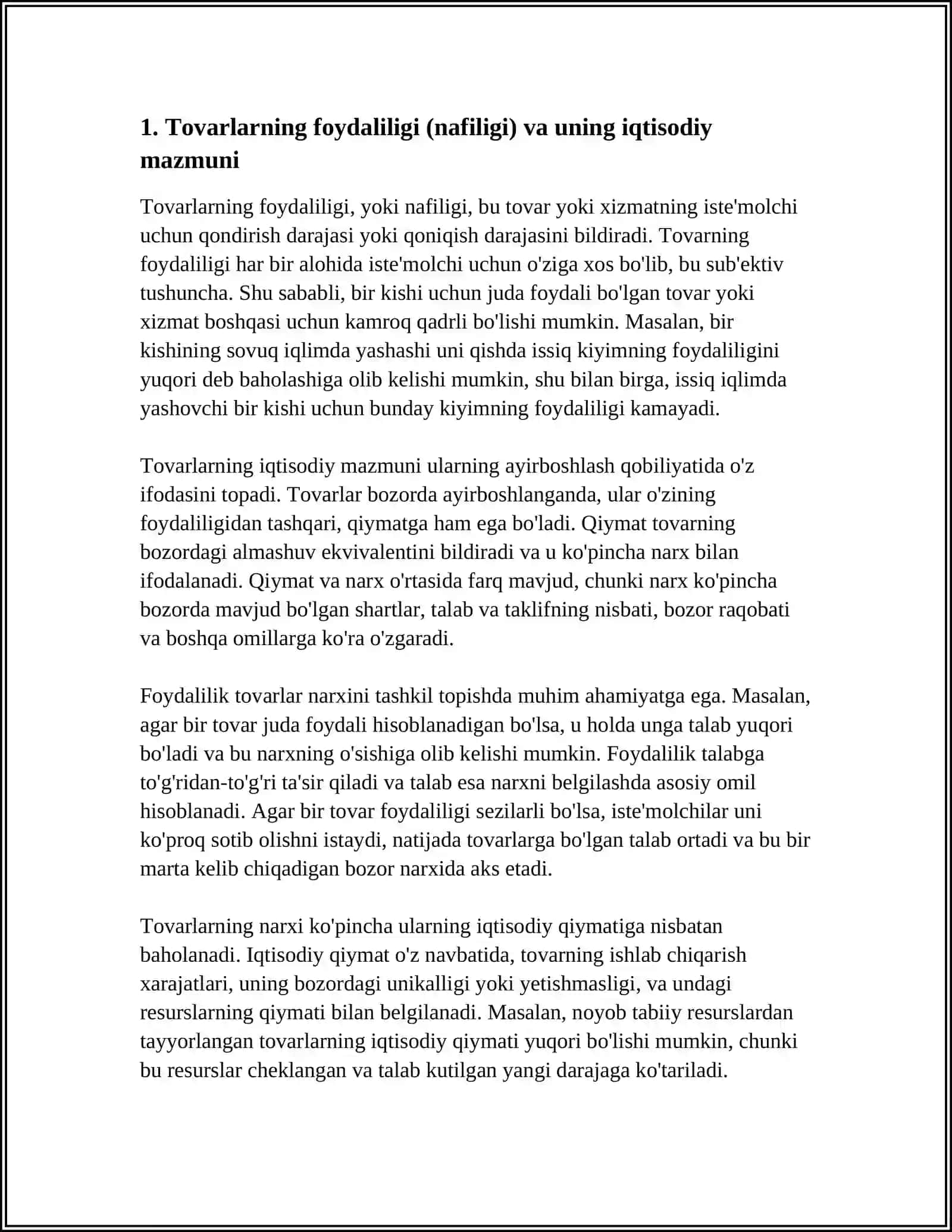 TOVARLAR NAFILIGI VA AYIRBOSHLASH QIYMATINING MAZMUNI HAMDA ULARING NARXINI TASHKIL TOPISHDAGI AHAMIYATI 4