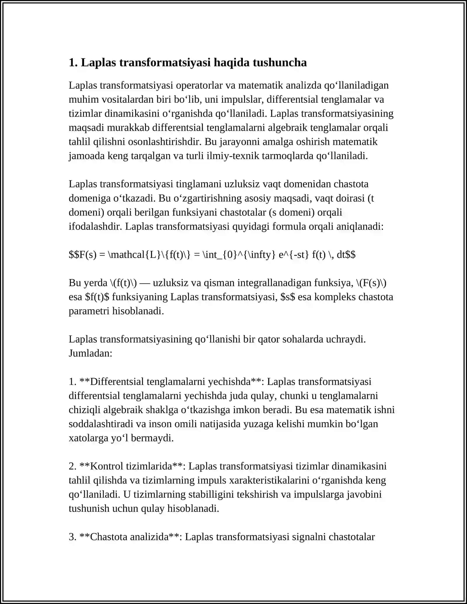 2-TARTIBLI DIFFERENSIAL TENGLAMA MASALASINI MATLABDA LAPLAS TRANSFORMATSIYASI YORDAMIDA YECHISH 4