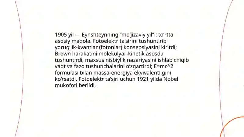 Nobel mukoton sovrindorlari A Eynshteyn va Rezerfondlarning hayoti va zamonaviy fizika taraqqiyotiga qoʻshgan hissasi 4