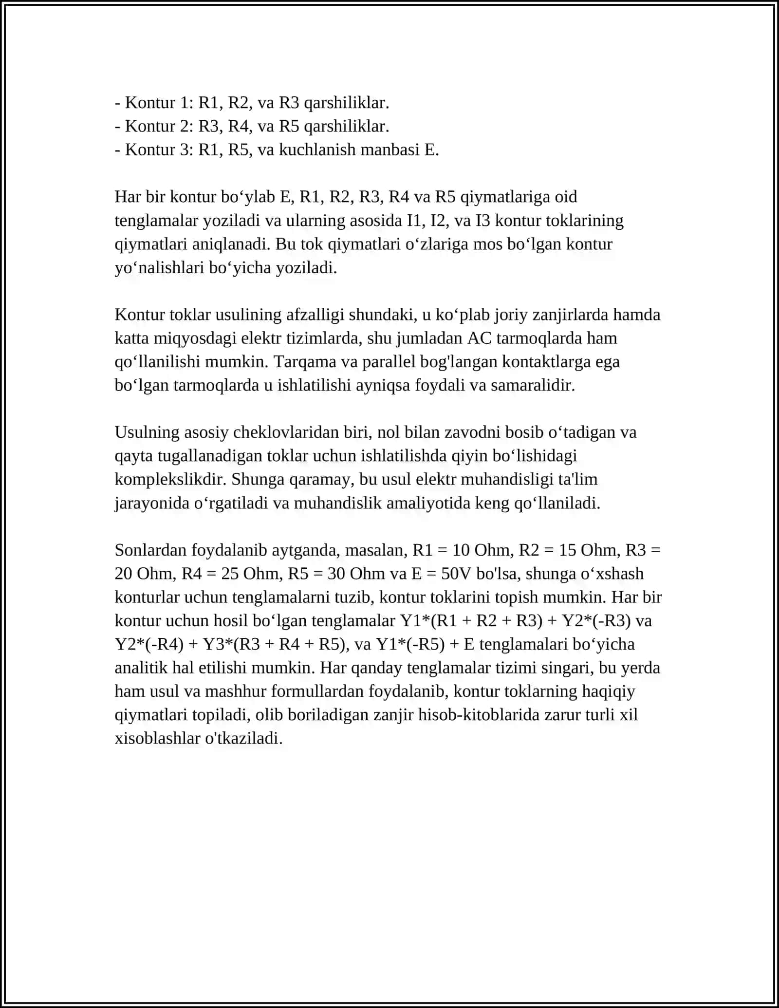 OʻZGARMAS MURAKKAB ZANJIRLARINI HISOBLASH USULARI. (KONTUR TOKLAR USULI) 4