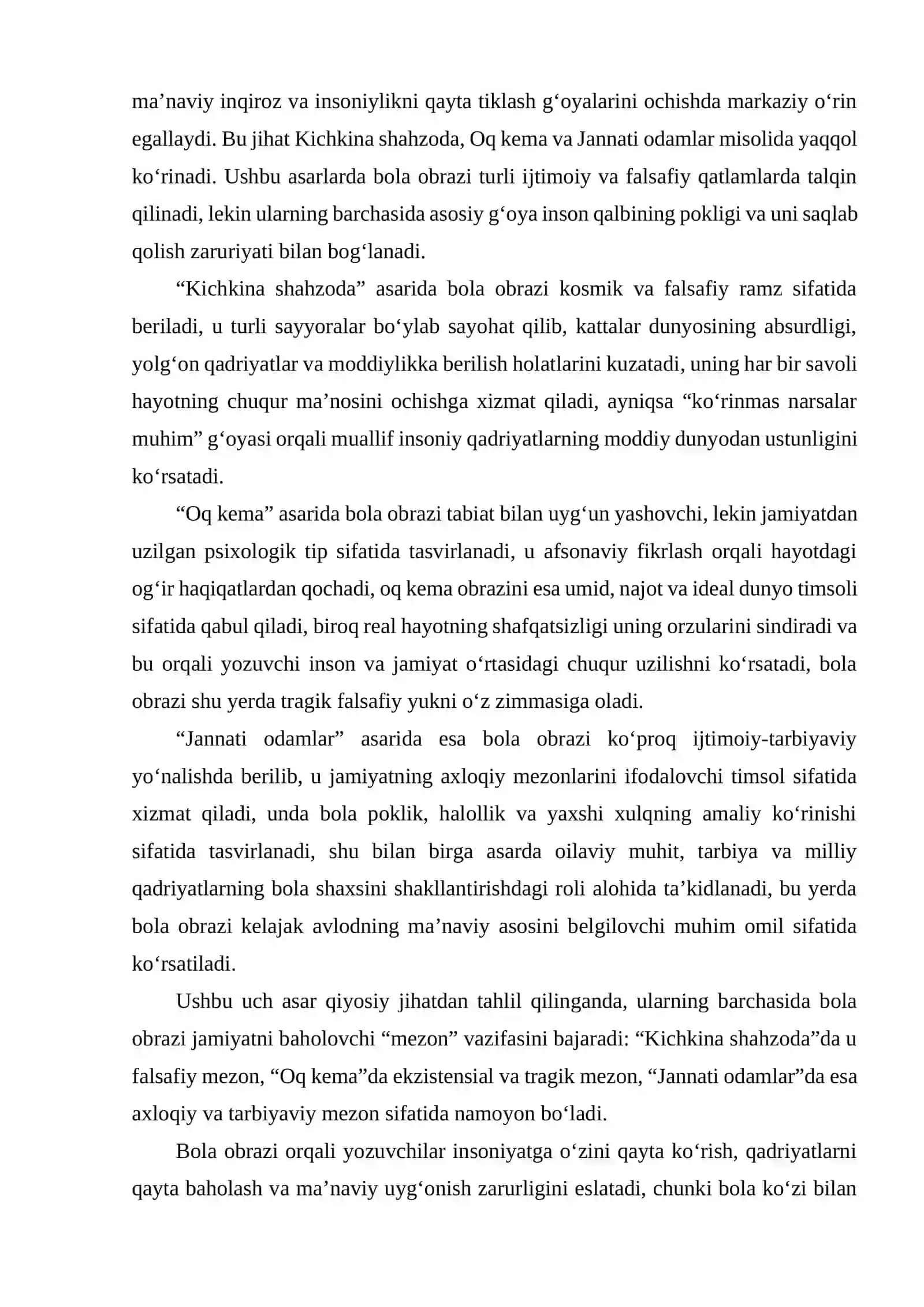 BADIIY ADABIYOTDA BOLA OBRAZI ("KICHKINA SHAHZODA", "OQ KEMA", "JANNATI ODAMLAR" ASARLARI MISOLIDA) 4