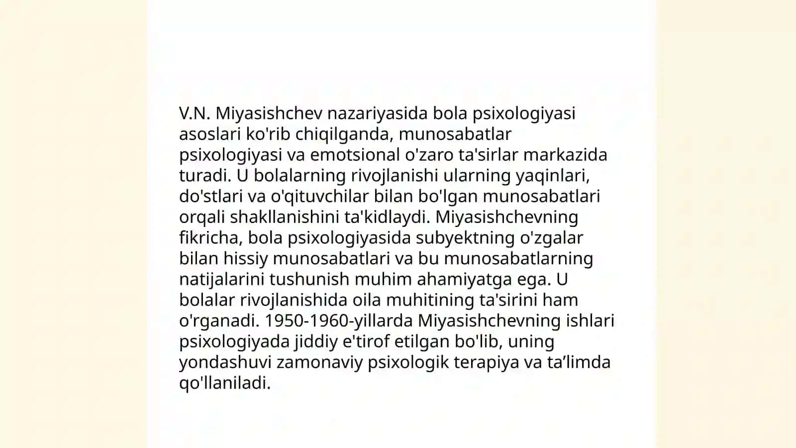 V.N. Miyasishchevning munosabatlar psixologiyasida bola psixik taraqqiyoti qonuniyatlarining yoritilishi 4