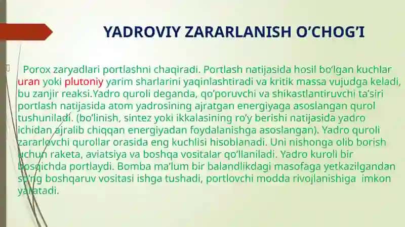 Ommaviy qirg'in qurollarining tasnifi. Jabrlanish o'chog'ining tibbiy-taktik tavsifi. 4