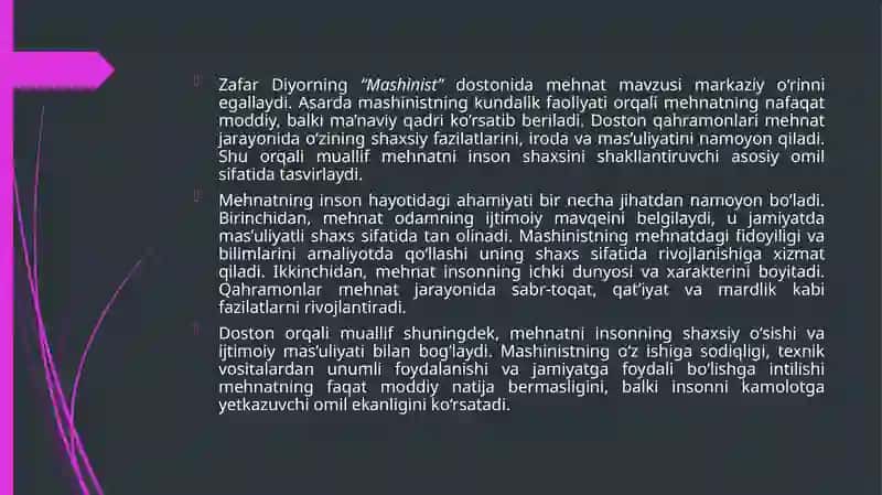 Zafar Diyorning Mashinist dostonida ilgari surilgan gʻoyalar 4