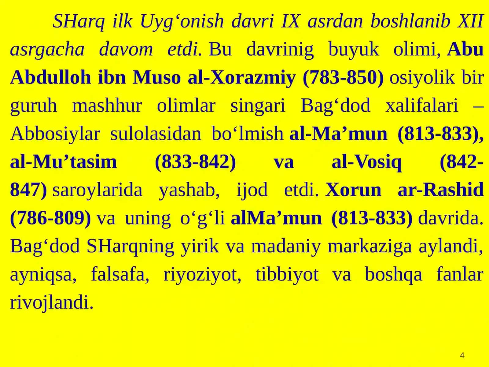 VII asrdan XIX asrning birinchi yarmigacha  O‘rta Osiyoda tarbiya maktab va pedagogik fikrlar 4