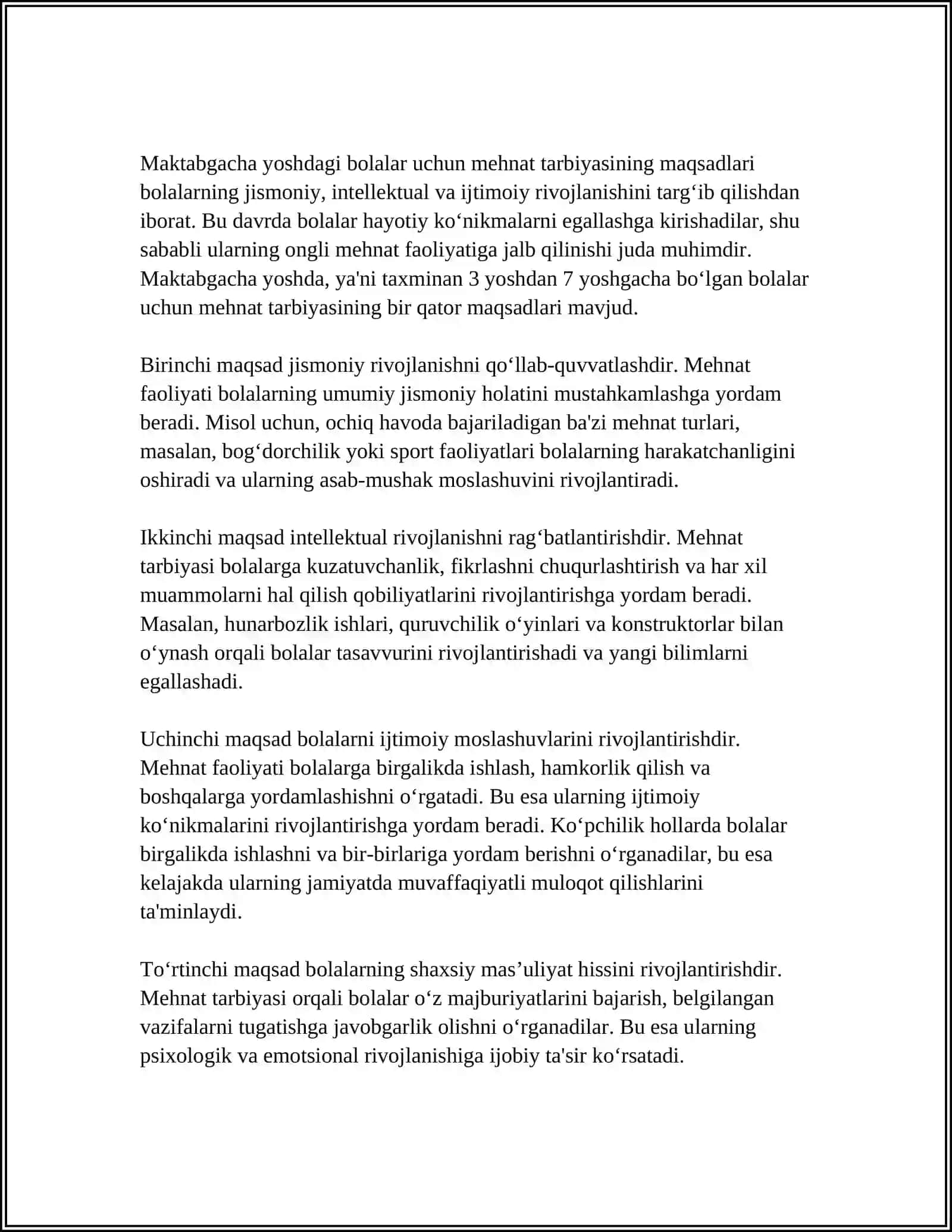MUSTAQIL ISH Mavzu: MAKTABGACHA YOSHDAGI BOLALARNI MEHNAT TARBIYASI 4