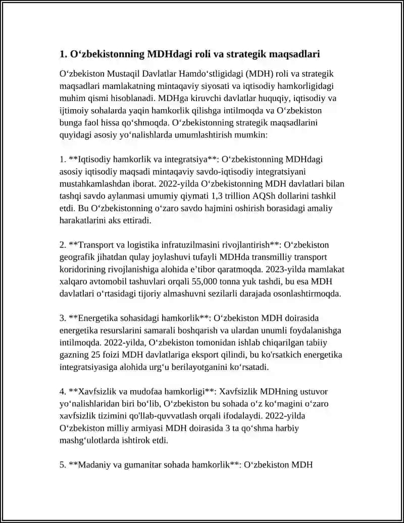 OʻZBEKISTONNING MDH DAGI OʻRNI VA MARKAZIY OSIYO DAVLATLARI BILAN OʻZARO HAMKORLIK ALOQALARI 4
