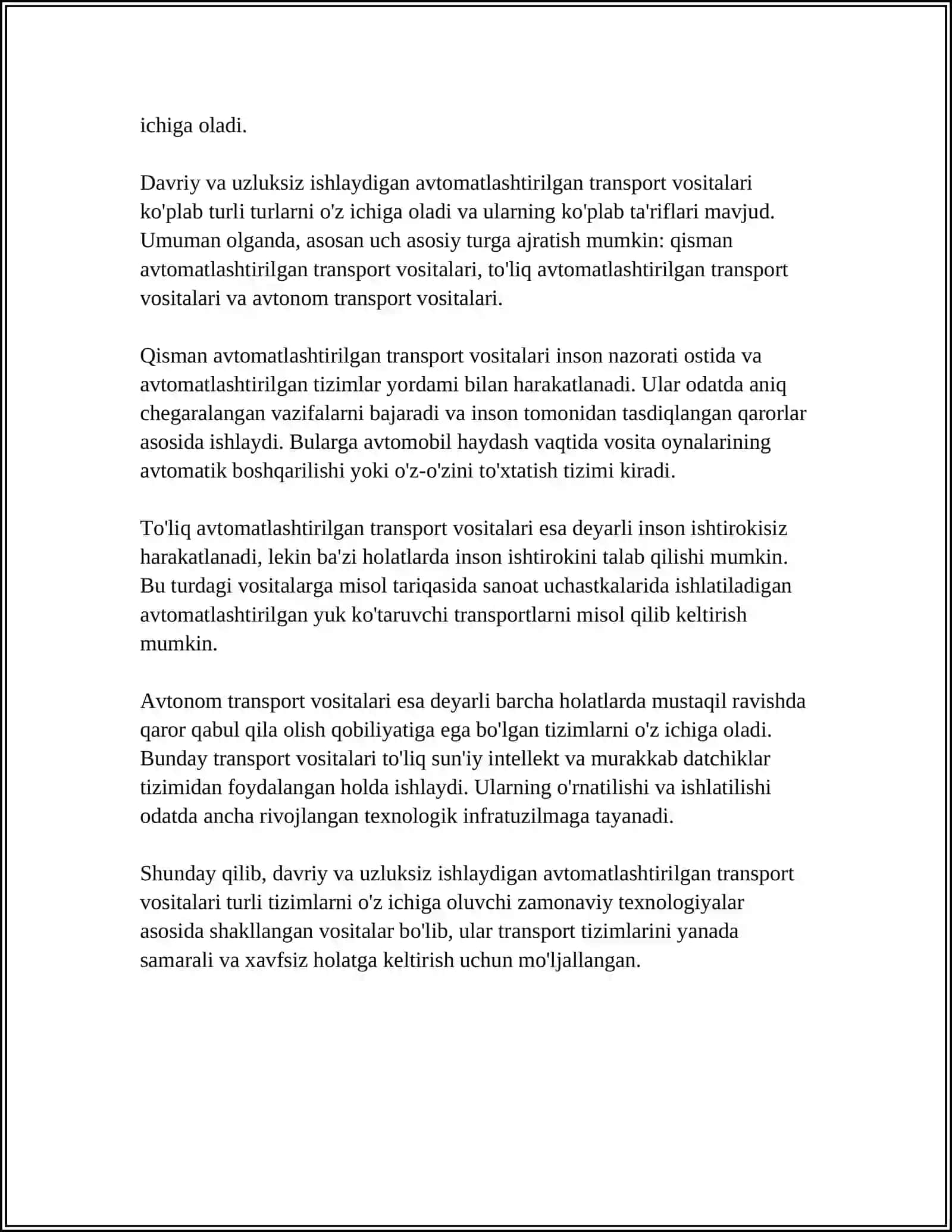 DAVRIY VA UZLUKSIZ ISHLAYDIGAN AVTOMATLASHTIRILGAN TRANSPORT VOSITALARI VA ULAR TURLARI 4