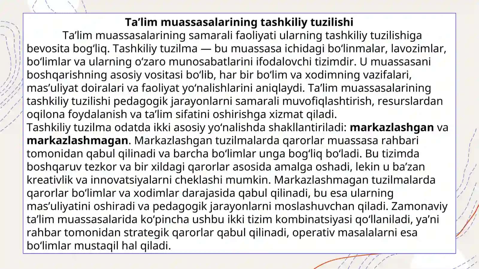 Ta'lim muassasalarini boshqarishning tashkiliy tuzilishi va boshqarish usullari. 4