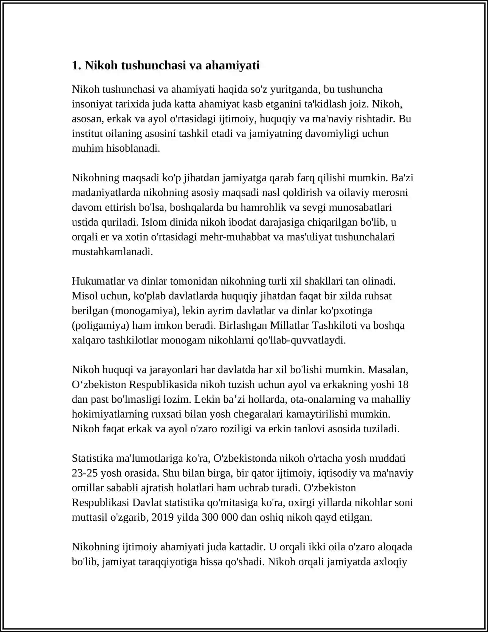 NIKOH, NIKOH QURISH YOSHI VA MOTIVLARI. OILA PSIXOLOGIYASINING MAQSADI, VAZIFALARI. ZAMONAVIY PSIXOLOGIYADA OILA MUAMMOSINING TADQIQETILISHI 4