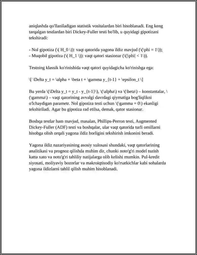 YAGONA ILDIZLARNI TEST LASHTIRISH. BIRINCHI TARTIBLI REGRESSIV MODELDA YAGONA ILDIZ UCHUN TEST 4
