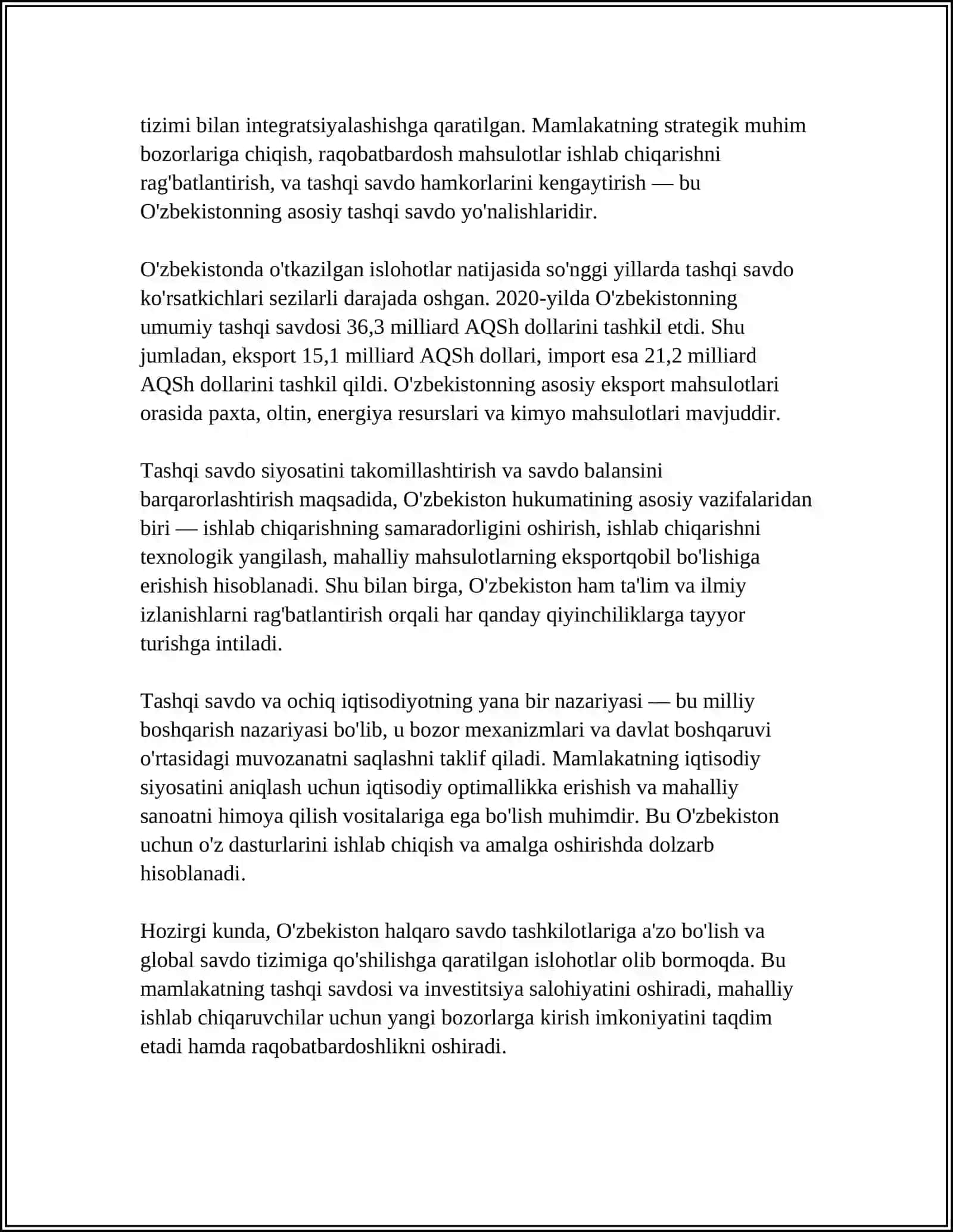 TASHQI SAVDO VA OCHIQ IQTISODIYOT. O'ZBEKISTON SAVDO BALANSINING TAHLILI 4