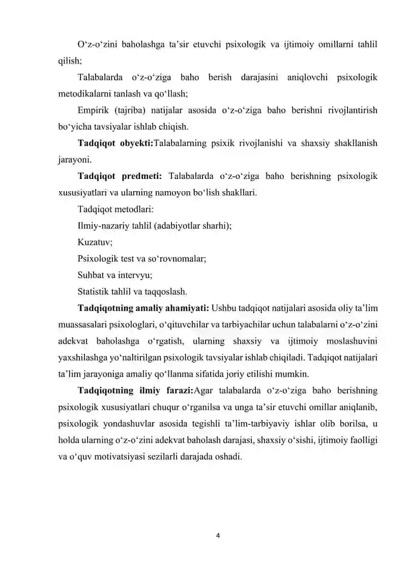 TALABALARDA O'Z O'ZIGA BAHO BERISHNING PSIXOLOGIK XUSUSIYATLARI. 4