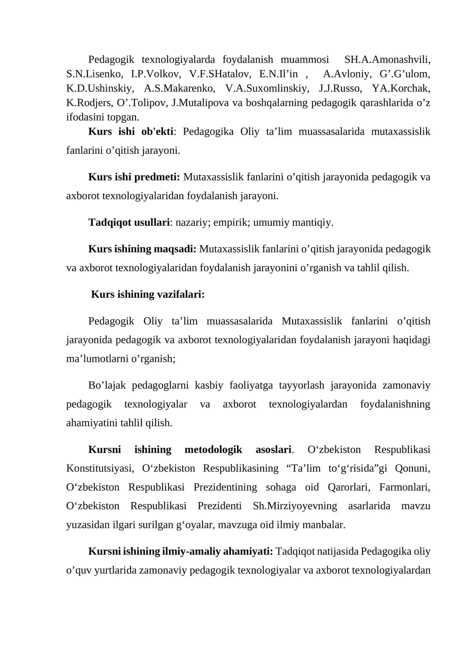 "MUTAXASISLIK FANLARNI O‘QITISH METODIKASI" FANIDAN KURS ISHI 4